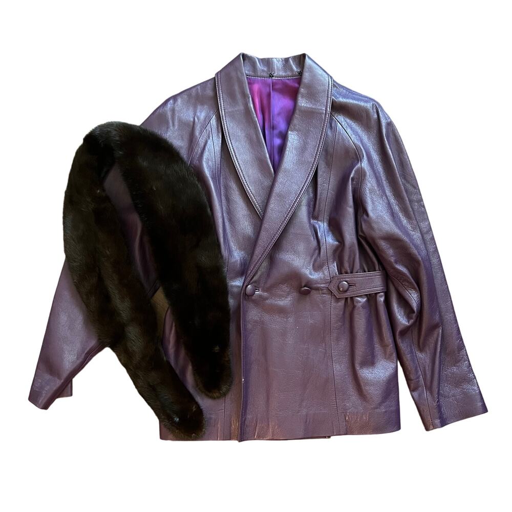 Vintage, Purple Leather Jacket with Faux Fur Collar Size S - Picture 8 of 8